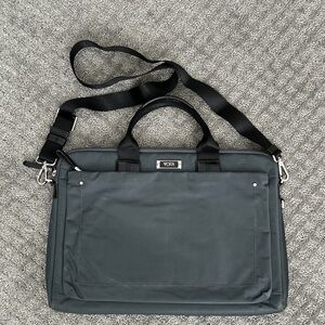 Tumi Charcoal Gray Slim Nylon Laptop Bag, Black Trim, Removable Strap